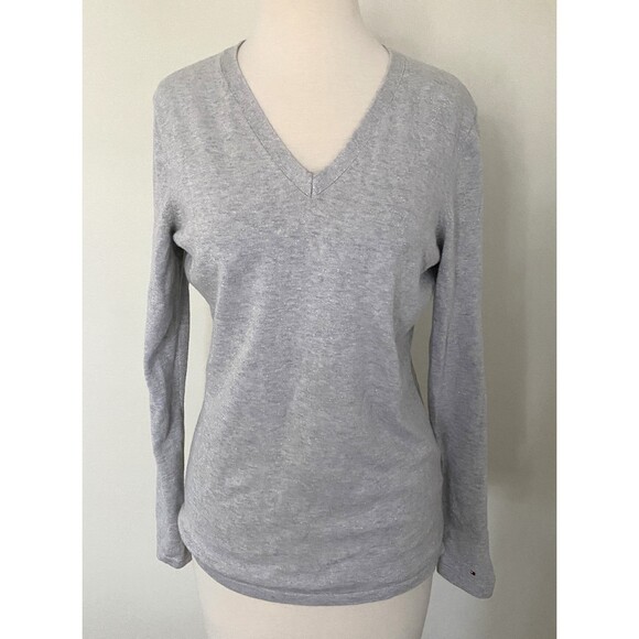 Tommy Hilfiger Gray V-Neck Knit Sweater Metallic Thread Cotton Blend Sz M - Picture 1 of 6